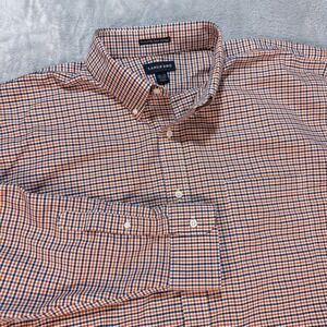 Lands End Mens Supima No Iron Oxford Button Down Shirt 18.5 36 Orange Blue Plaid